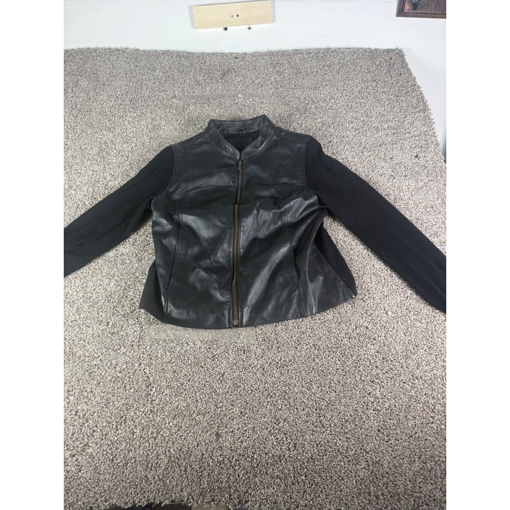 Jaclyn Smith Classic Womens XL Black Leather Knit Sleeve Zip Up Moto Jacket